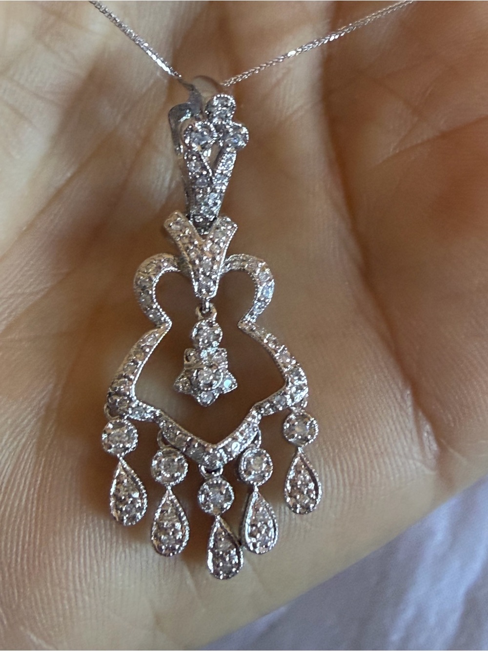 14K White Gold Diamond Chandelier Pendant w/ 18K White Gold Chain
